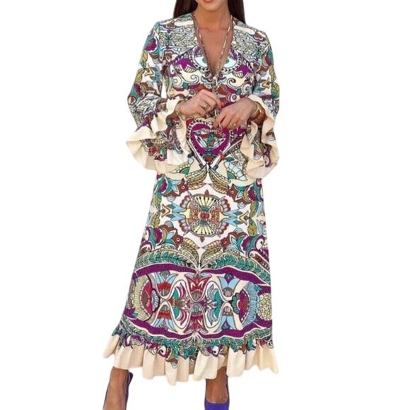 Zara Multicolor Printed Ruffle Hem Maxi Dress Size XS - Picture 11 of 12